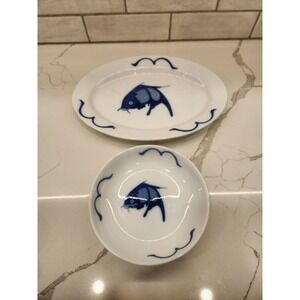 Vtg. Misty Rose Koi Fish Serving Platter & Bowl Super White China Blue Porcelain